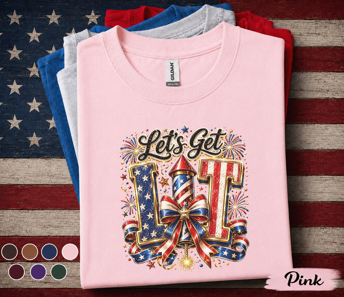 Lets Get Lit 4th of July Shirt, Patriotic Fireworks Tee, Red White Blue Independence Day Shirt, USA Celebration Party Top Forth of July
