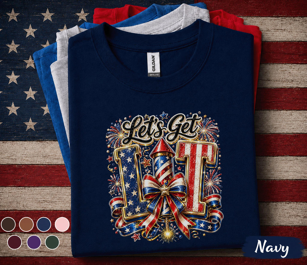 Lets Get Lit 4th of July Shirt, Patriotic Fireworks Tee, Red White Blue Independence Day Shirt, USA Celebration Party Top Forth of July