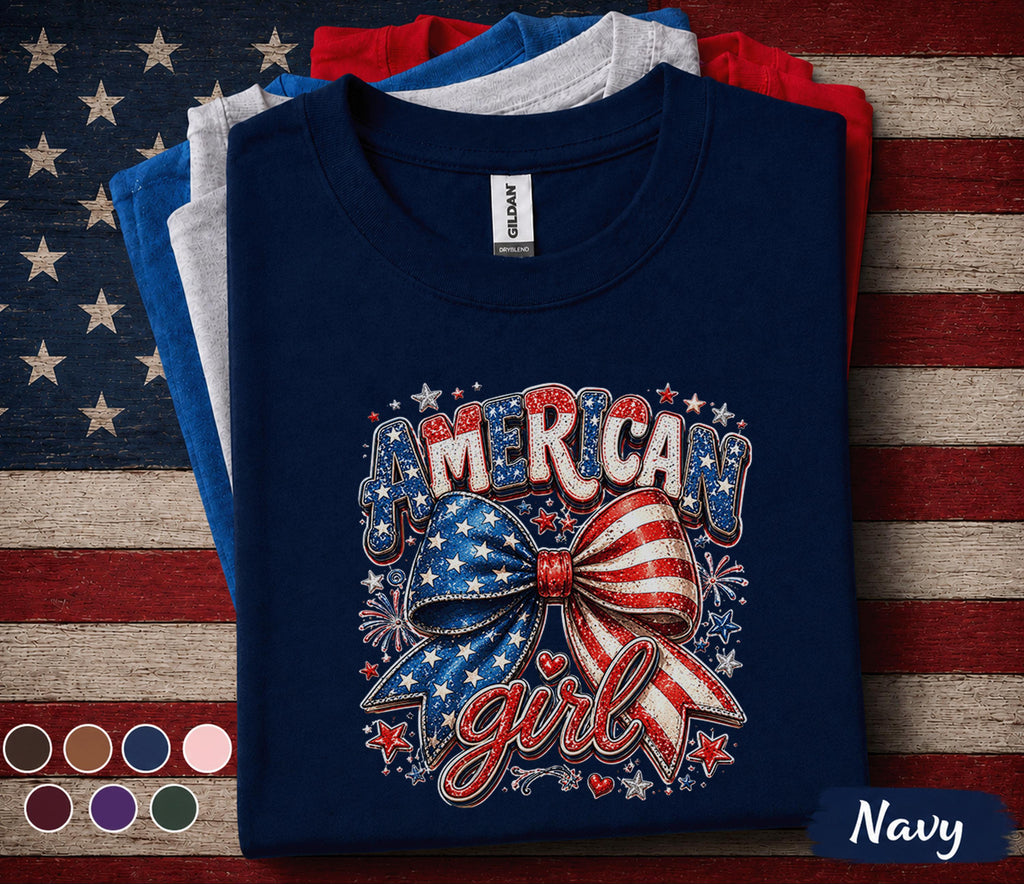 American Girl 4th of July Shirt, Patriotic Bow Tee, Red White Blue Independence Day Shirt, USA Fireworks Celebration Top Forth of July Girl