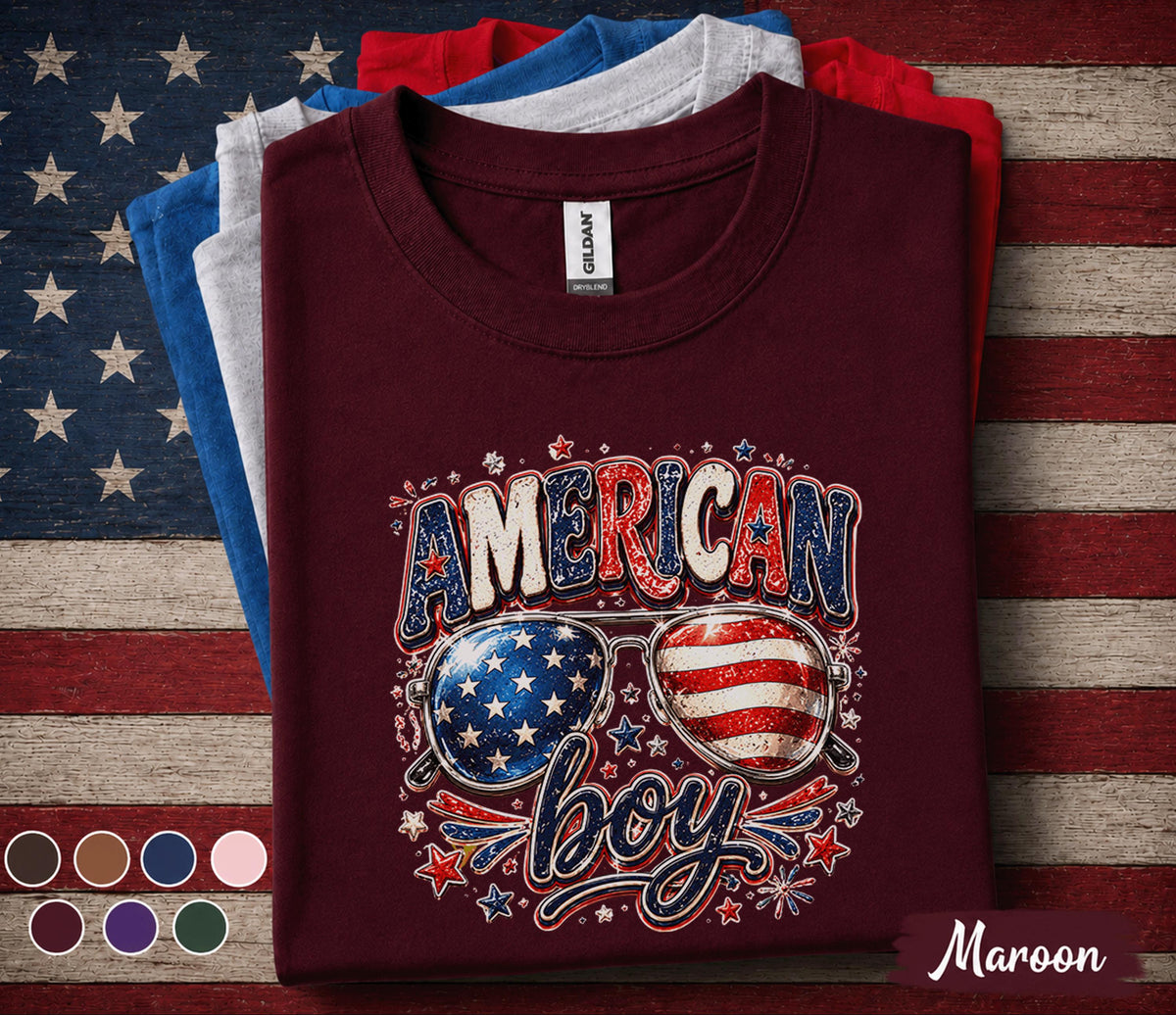 American Boy 4th of July Shirt, Patriotic Sunglasses Tee, Red White Blue Independence Day Shirt, USA Fireworks Celebration Top Forth of July