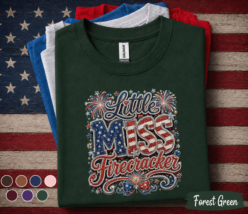 Little Miss Firecracker Shirt, Patriotic Girl 4th of July Tee, Red White Blue Independence Day Shirt USA Fireworks Celebration Forth of July