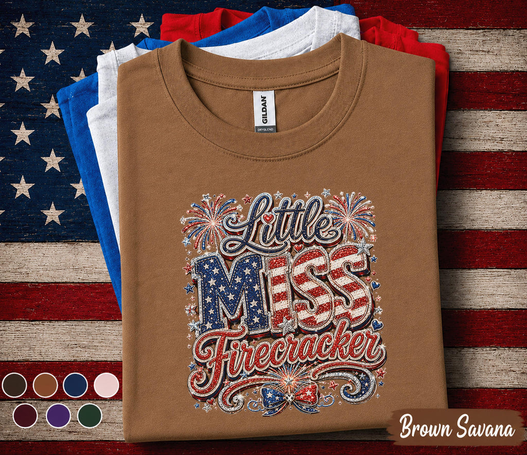 Little Miss Firecracker Shirt, Patriotic Girl 4th of July Tee, Red White Blue Independence Day Shirt USA Fireworks Celebration Forth of July