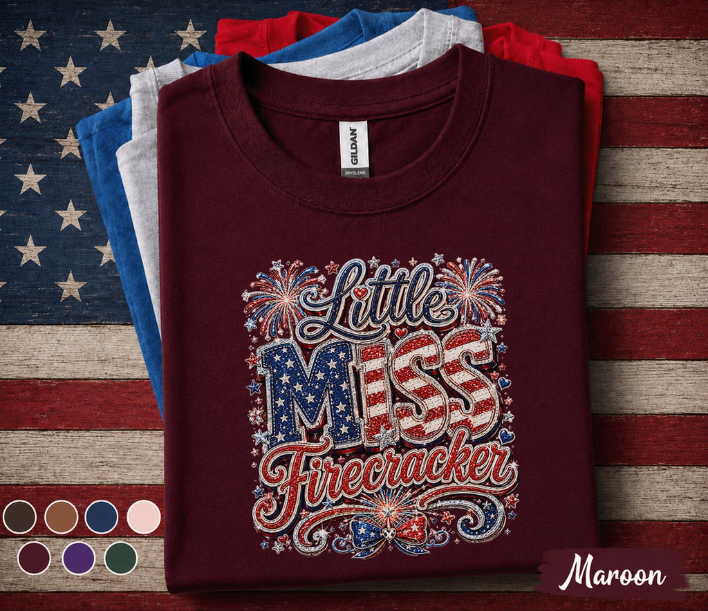 Little Miss Firecracker Shirt, Patriotic Girl 4th of July Tee, Red White Blue Independence Day Shirt USA Fireworks Celebration Forth of July