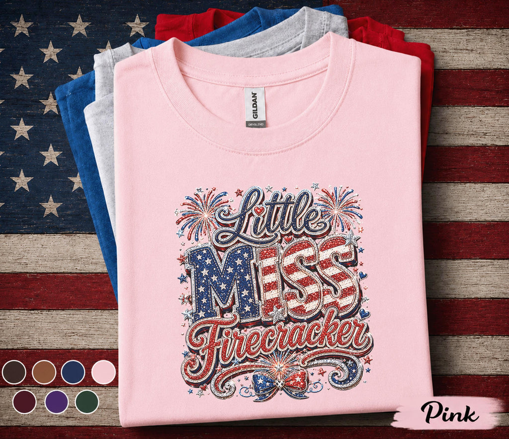Little Miss Firecracker Shirt, Patriotic Girl 4th of July Tee, Red White Blue Independence Day Shirt USA Fireworks Celebration Forth of July