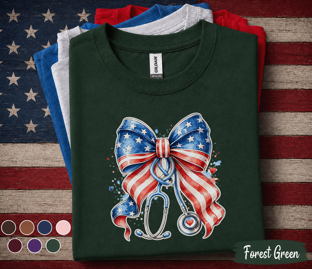Patriotic Nurse Bow Shirt, 4th of July Nurse Tee, American Flag Stethoscope Shirt, USA Healthcare Worker Independence Day Gift Forth of July