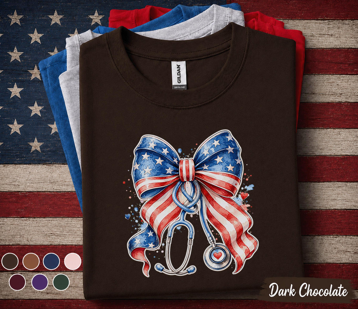 Patriotic Nurse Bow Shirt, 4th of July Nurse Tee, American Flag Stethoscope Shirt, USA Healthcare Worker Independence Day Gift Forth of July