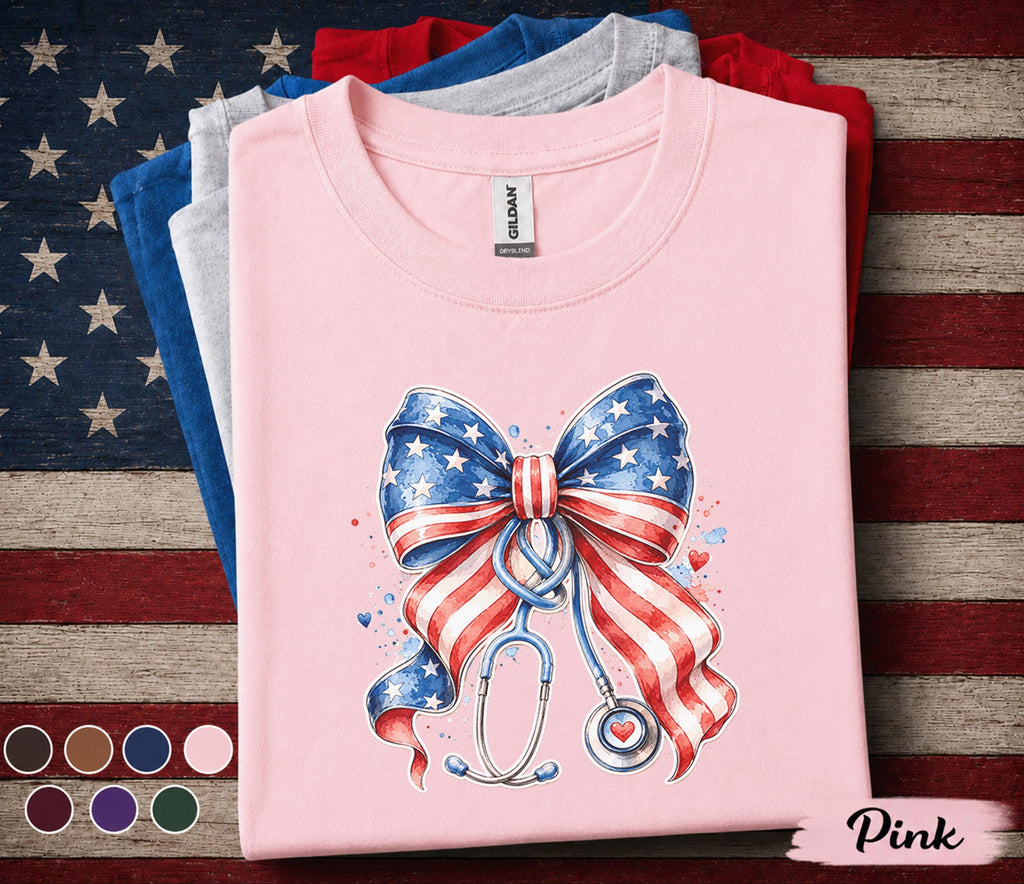 Patriotic Nurse Bow Shirt, 4th of July Nurse Tee, American Flag Stethoscope Shirt, USA Healthcare Worker Independence Day Gift Forth of July