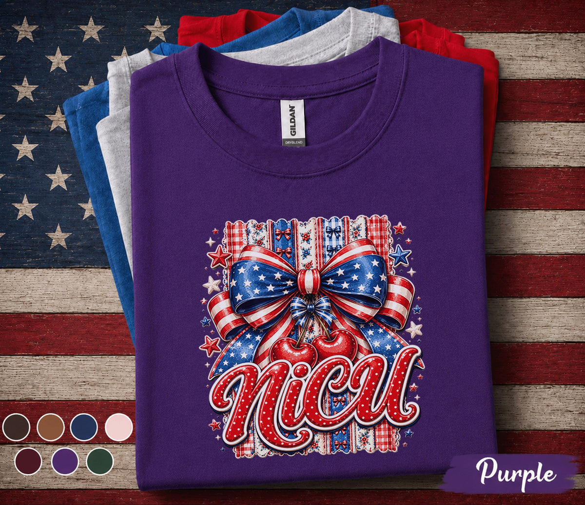 Patriotic Nica Shirt, 4th of July Cherry Bow Tee, Red White Blue Independence Day Shirt, American Pride Celebration Top Forth of July