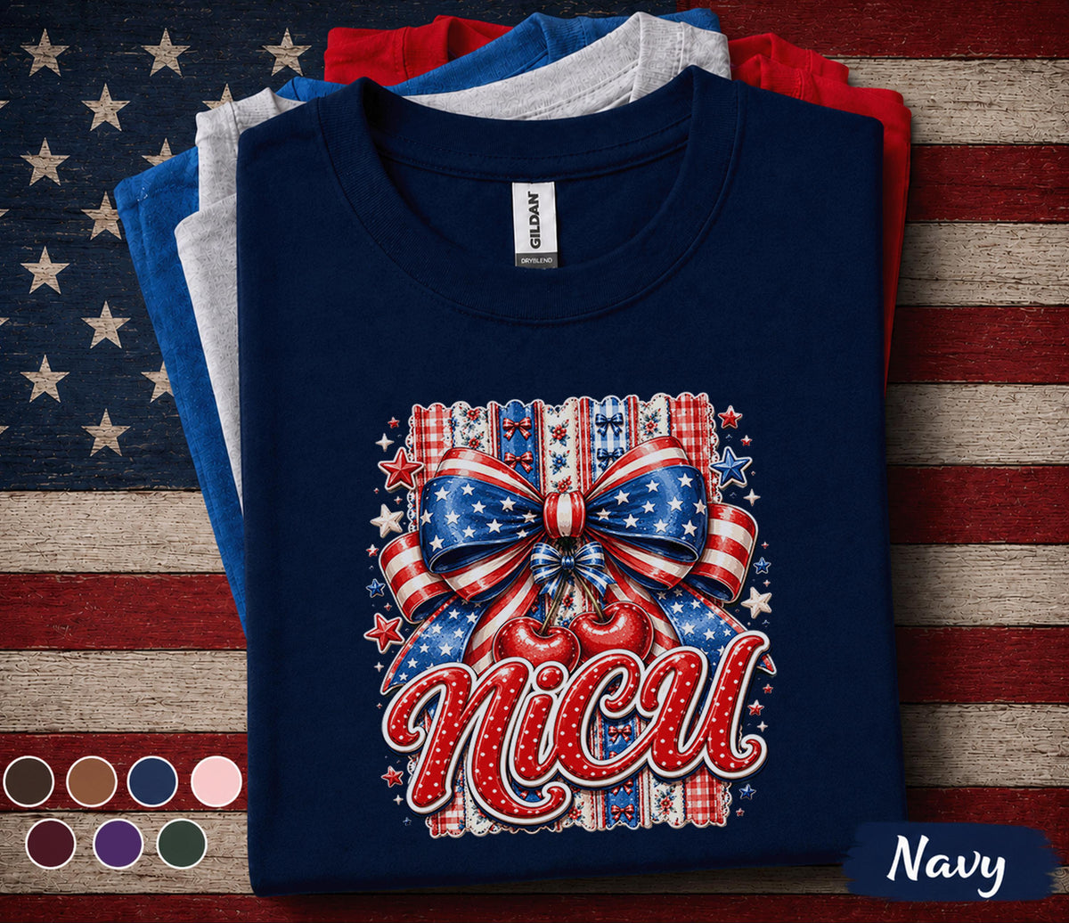 Patriotic Nica Shirt, 4th of July Cherry Bow Tee, Red White Blue Independence Day Shirt, American Pride Celebration Top Forth of July
