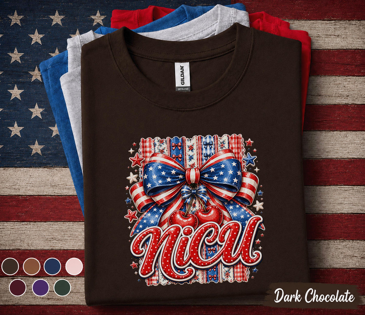 Patriotic Nica Shirt, 4th of July Cherry Bow Tee, Red White Blue Independence Day Shirt, American Pride Celebration Top Forth of July
