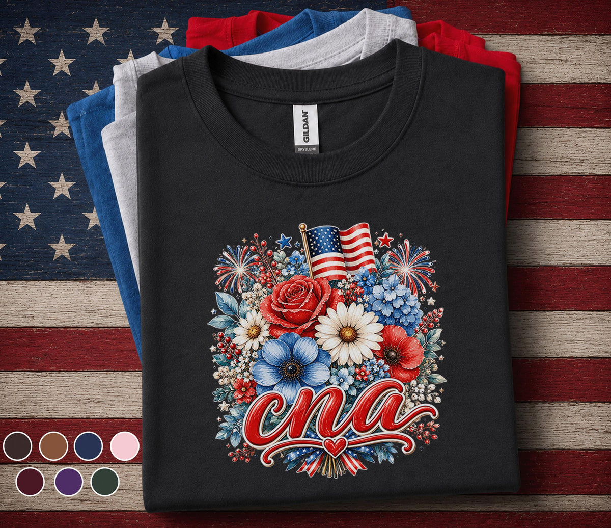CNA Patriotic Floral Shirt, Certified Nursing Assistant 4th of July Tee