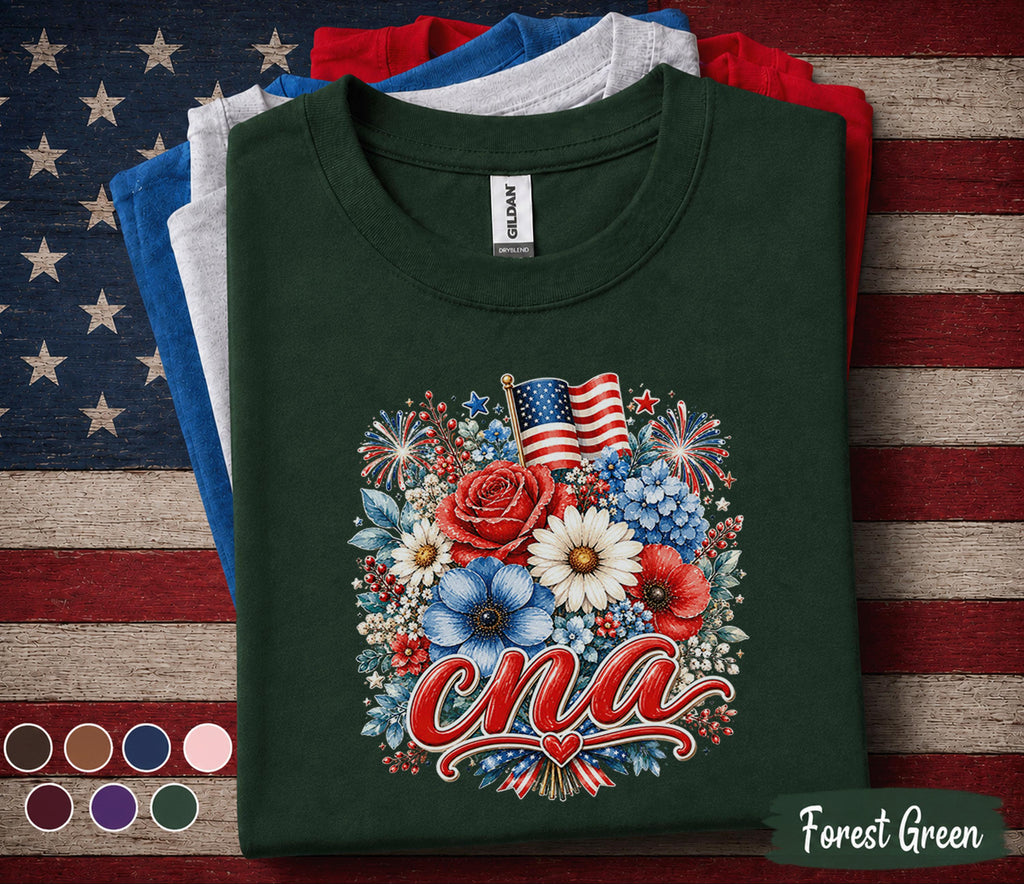CNA Patriotic Floral Shirt, Certified Nursing Assistant 4th of July Tee, American Flag Flower Healthcare Worker Gift Top Forth of July