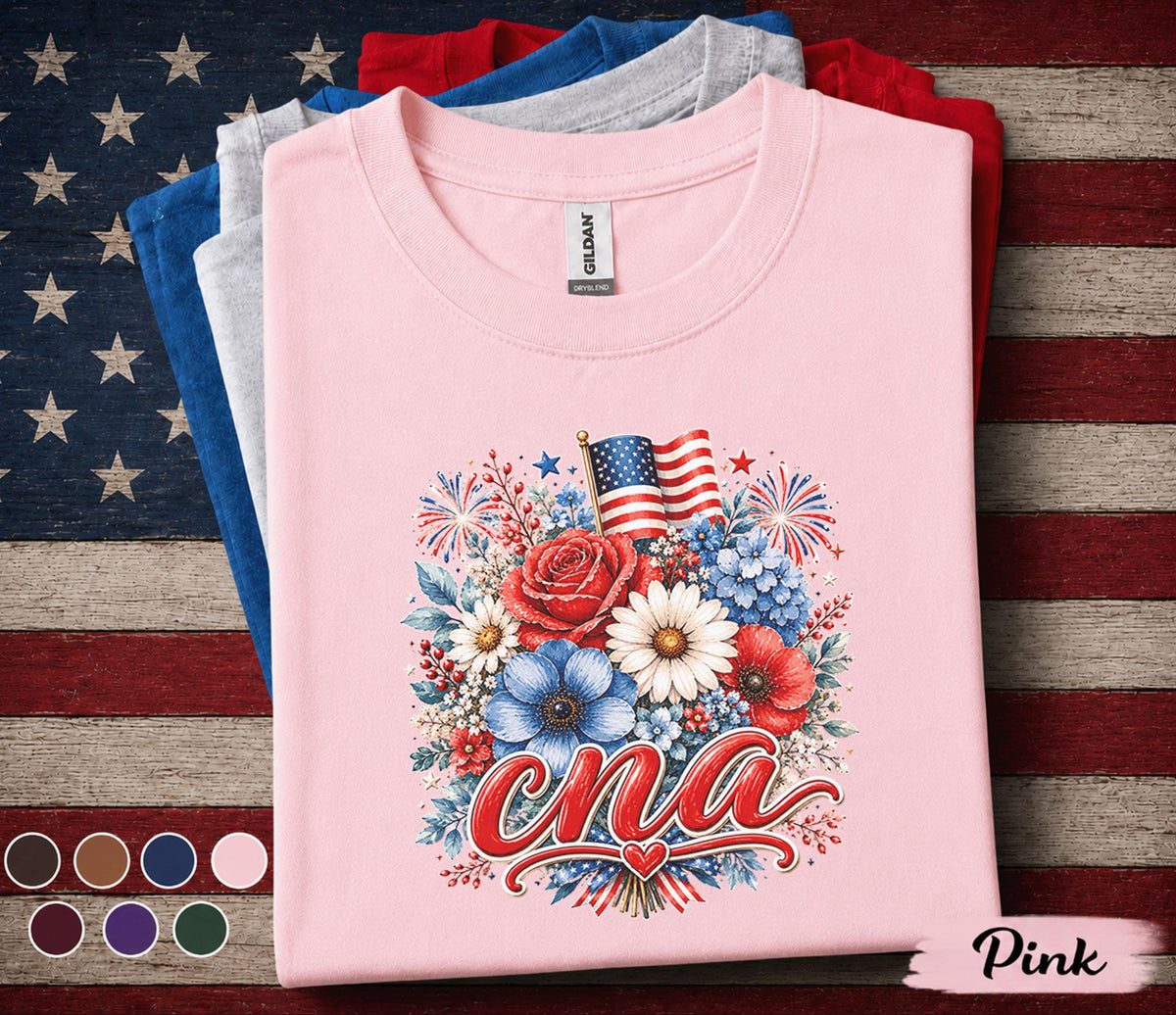 CNA Patriotic Floral Shirt, Certified Nursing Assistant 4th of July Tee, American Flag Flower Healthcare Worker Gift Top Forth of July