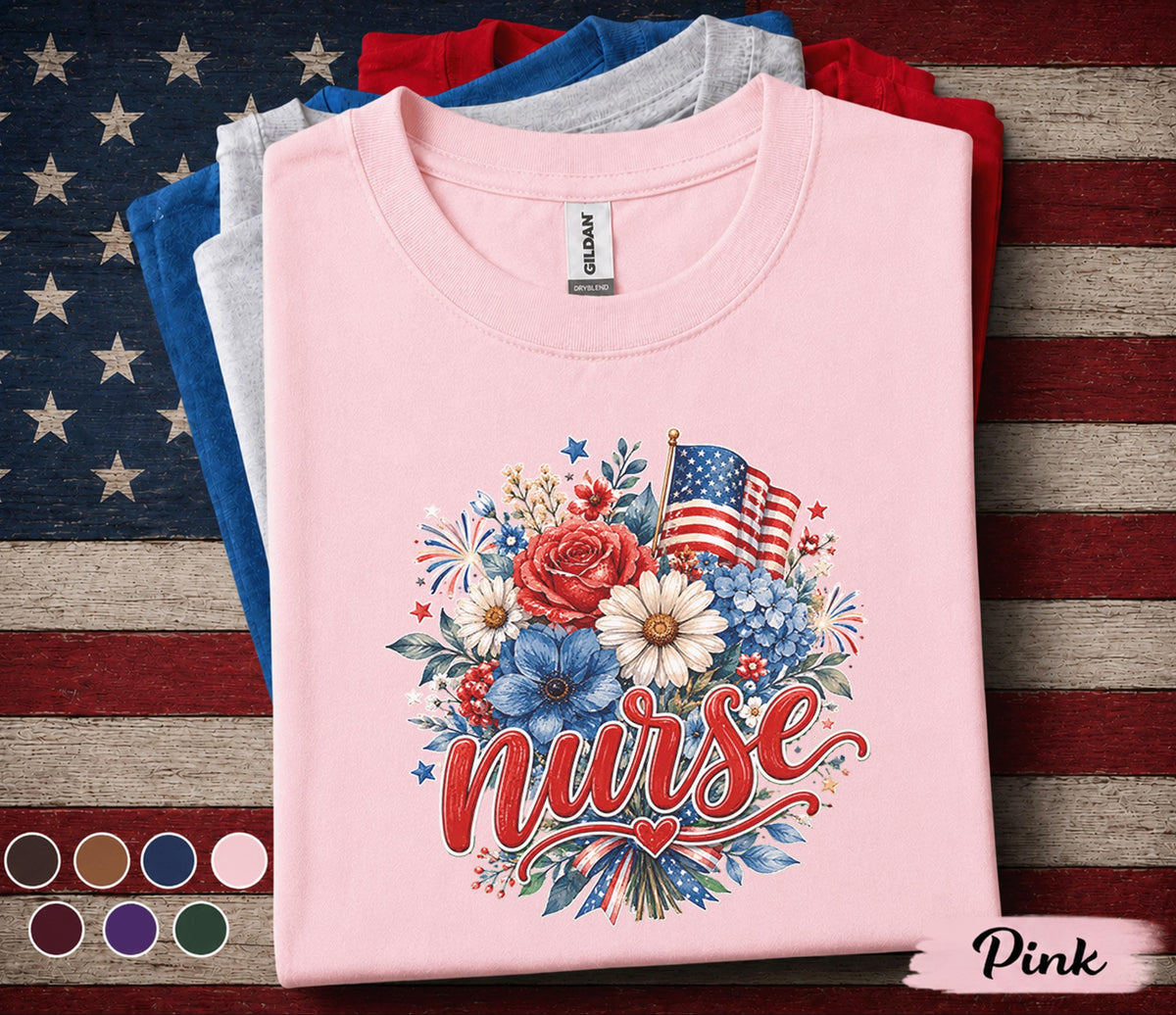 Patriotic Nurse Shirt, 4th of July Nurse Tee, American Flag Floral Nurse Gift, RN lpn CNA Independence Day Top USA Forth of July