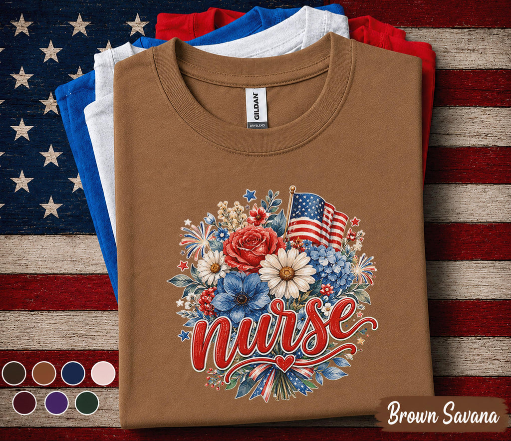 Patriotic Nurse Shirt, 4th of July Nurse Tee, American Flag Floral Nurse Gift, RN lpn CNA Independence Day Top USA Forth of July