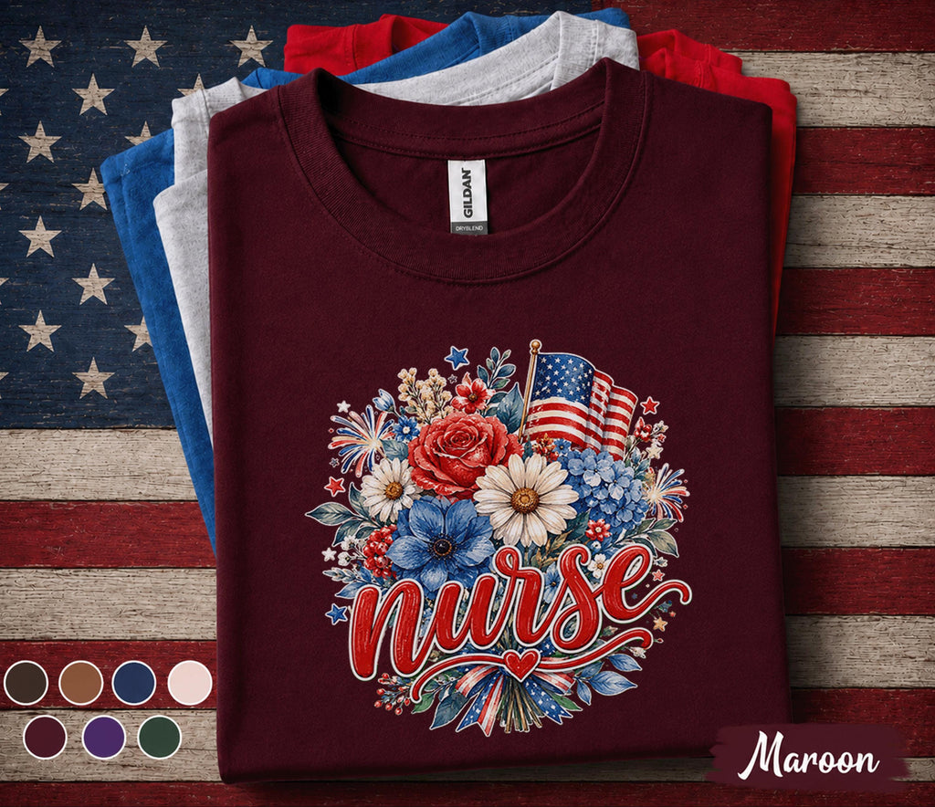 Patriotic Nurse Shirt, 4th of July Nurse Tee, American Flag Floral Nurse Gift, RN lpn CNA Independence Day Top USA Forth of July