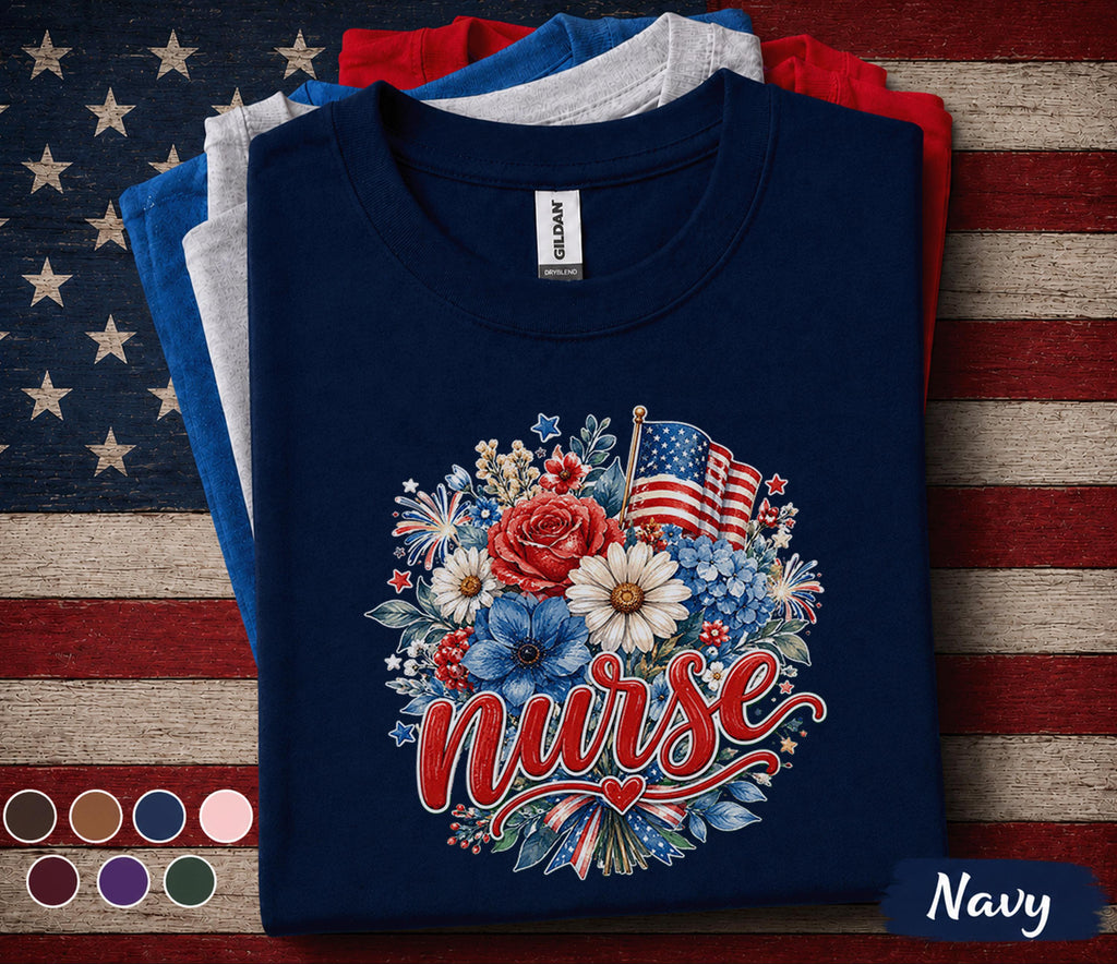 Patriotic Nurse Shirt, 4th of July Nurse Tee, American Flag Floral Nurse Gift, RN lpn CNA Independence Day Top USA Forth of July