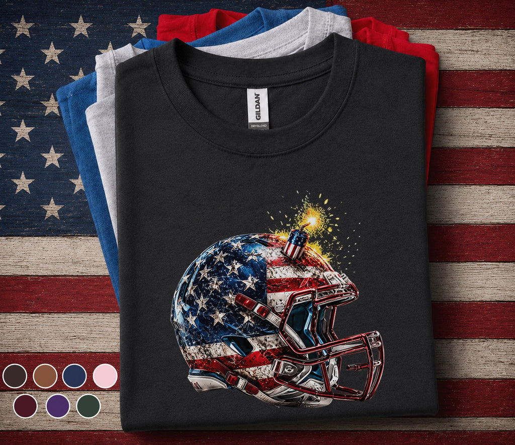 Patriotic Football Helmet Shirt, 4th of July Football Tee, American Flag Helmet Shirt, USA Football Fan Gift, Forth of July Football