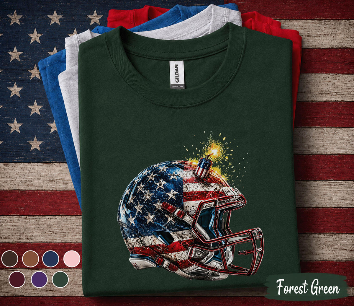 Patriotic Football Helmet Shirt, 4th of July Football Tee, American Flag Helmet Shirt, USA Football Fan Gift, Forth of July Football