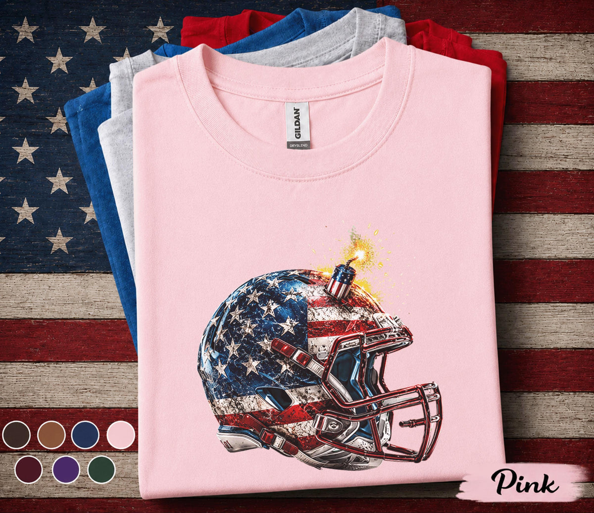 Patriotic Football Helmet Shirt, 4th of July Football Tee, American Flag Helmet Shirt, USA Football Fan Gift, Forth of July Football