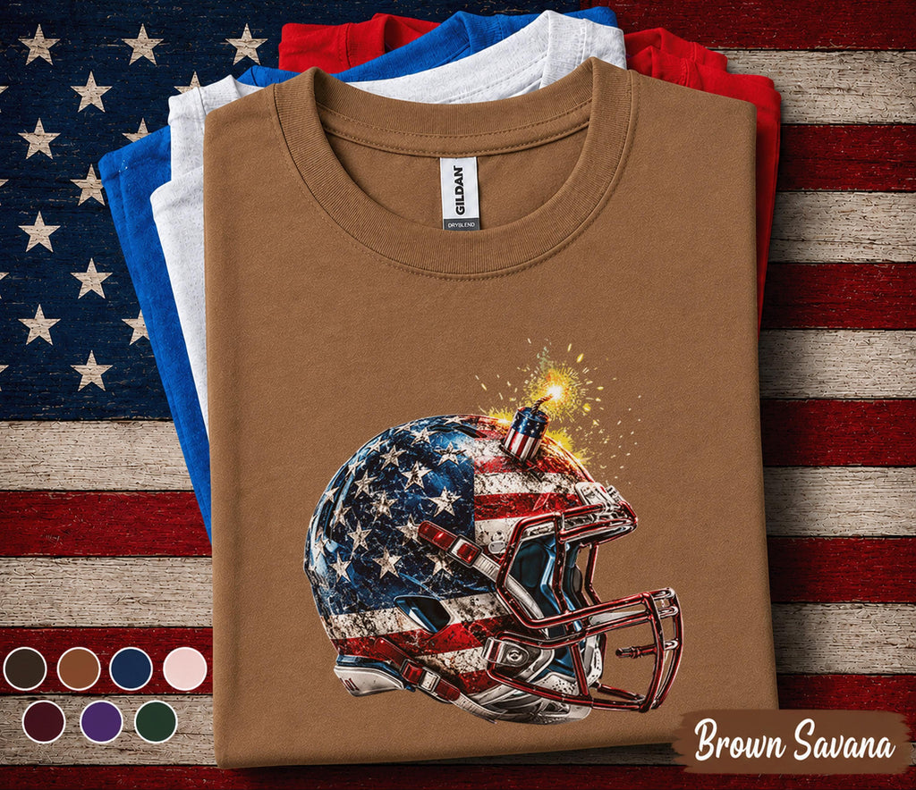 Patriotic Football Helmet Shirt, 4th of July Football Tee, American Flag Helmet Shirt, USA Football Fan Gift, Forth of July Football