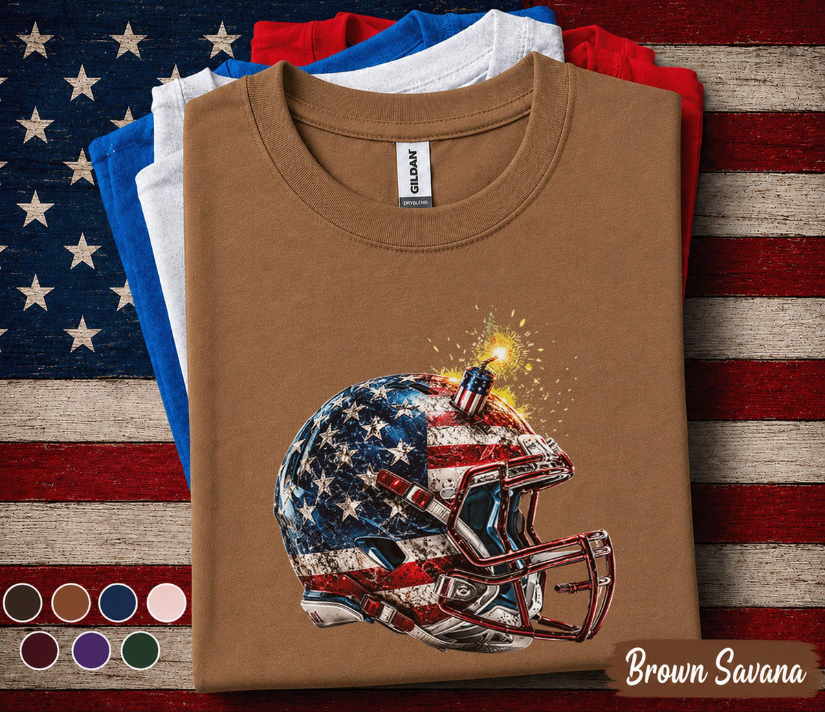 Patriotic Football Helmet Shirt, 4th of July Football Tee, American Flag Helmet Shirt, USA Football Fan Gift, Forth of July Football
