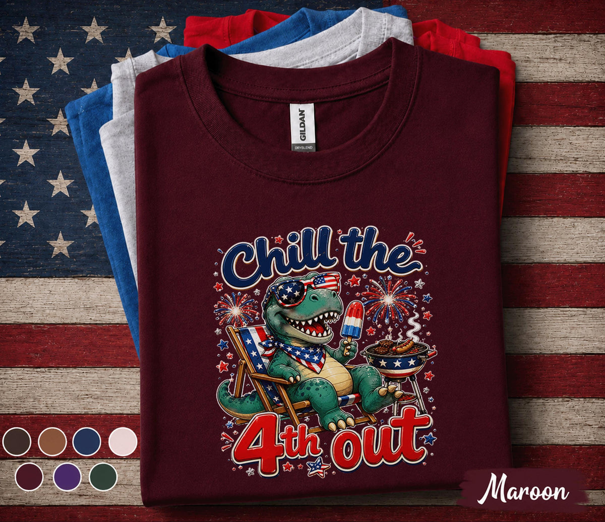 Chill The 4th Out Dinosaur Shirt, Funny 4th Of July T Rex Tee, Patriotic Dino BBQ Shirt, Forth of July Party Outfit, USA Summer Top