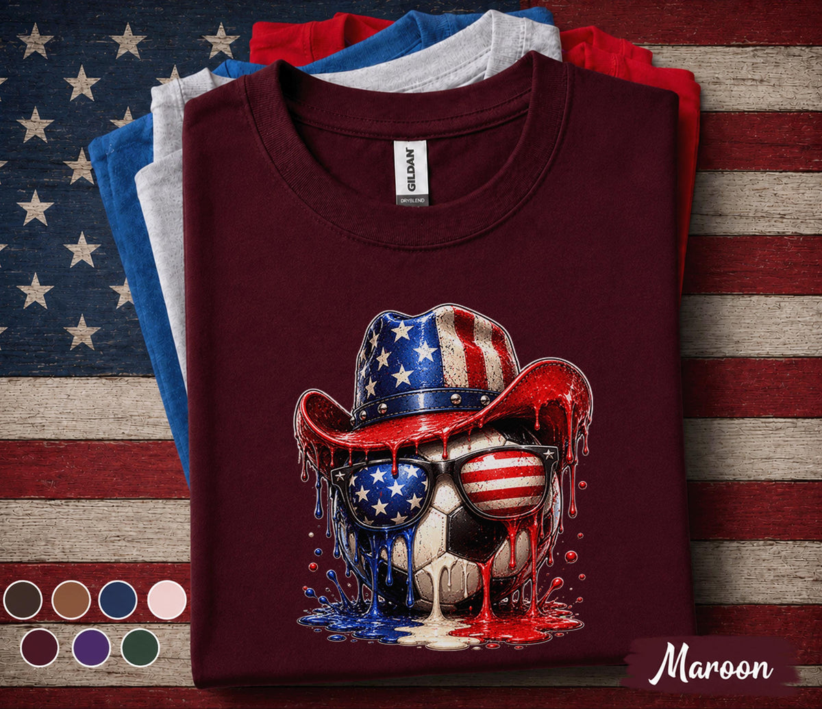 Patriotic Soccer Cowboy Shirt, 4th Of July Soccer Tee, American Flag Soccer Ball Shirt, USA Independence Day Sports Top Forth of July