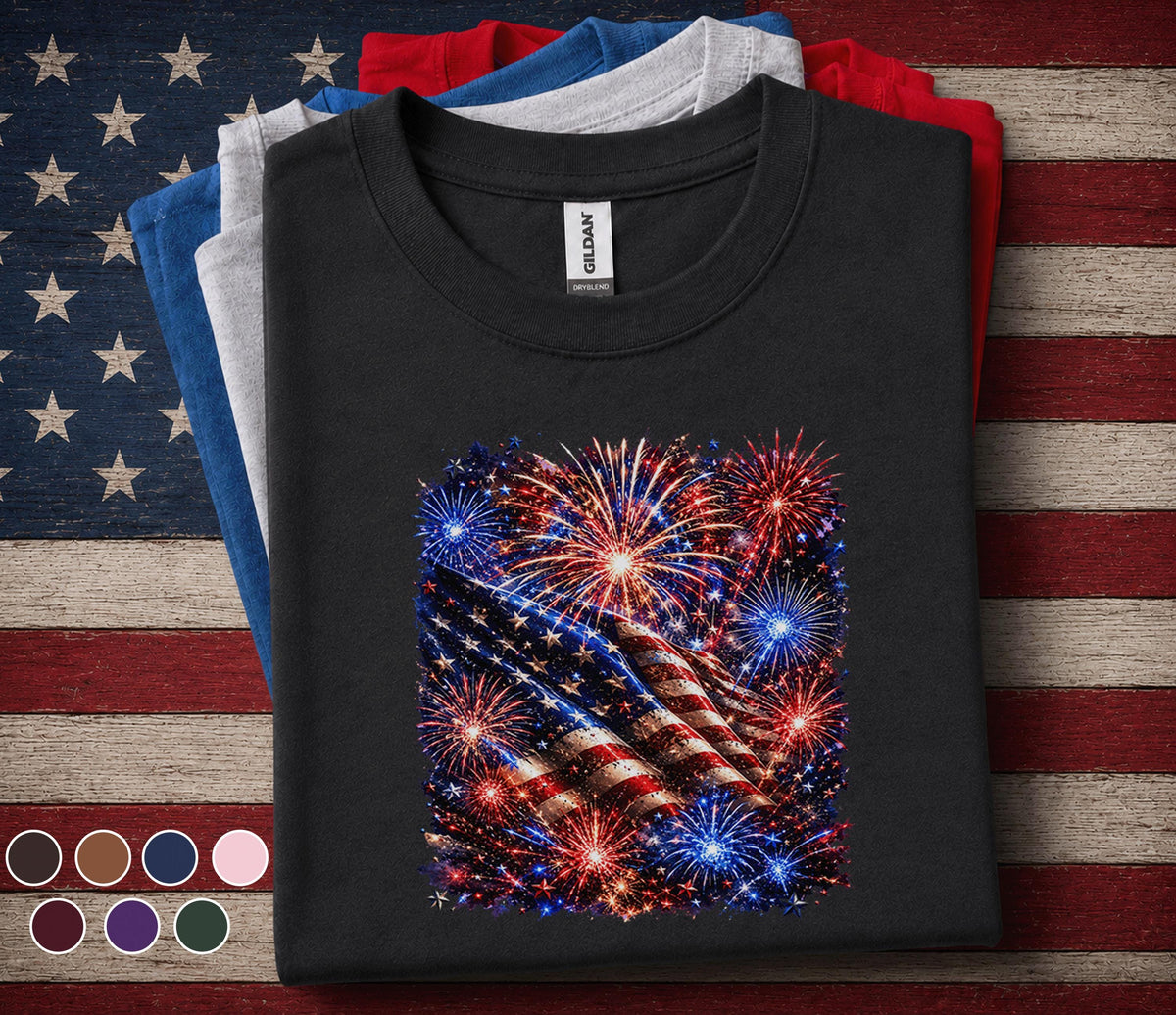 Patriotic American Flag Fireworks Shirt, 4th Of July Independence Day Tee