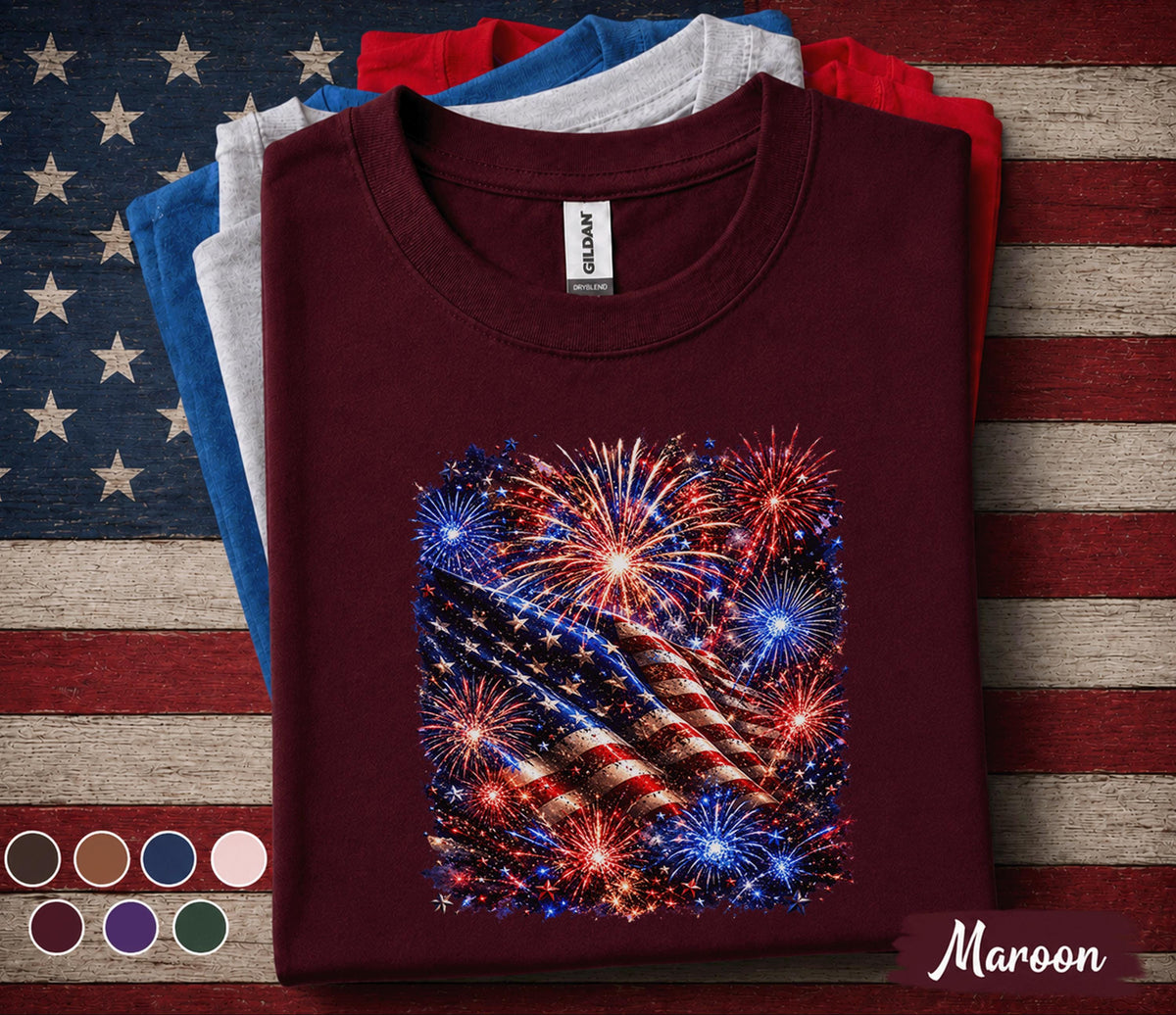 Patriotic American Flag Fireworks Shirt, 4th Of July Independence Day Tee, USA Fireworks Display Shirt, Red White Blue Gift Forth of July