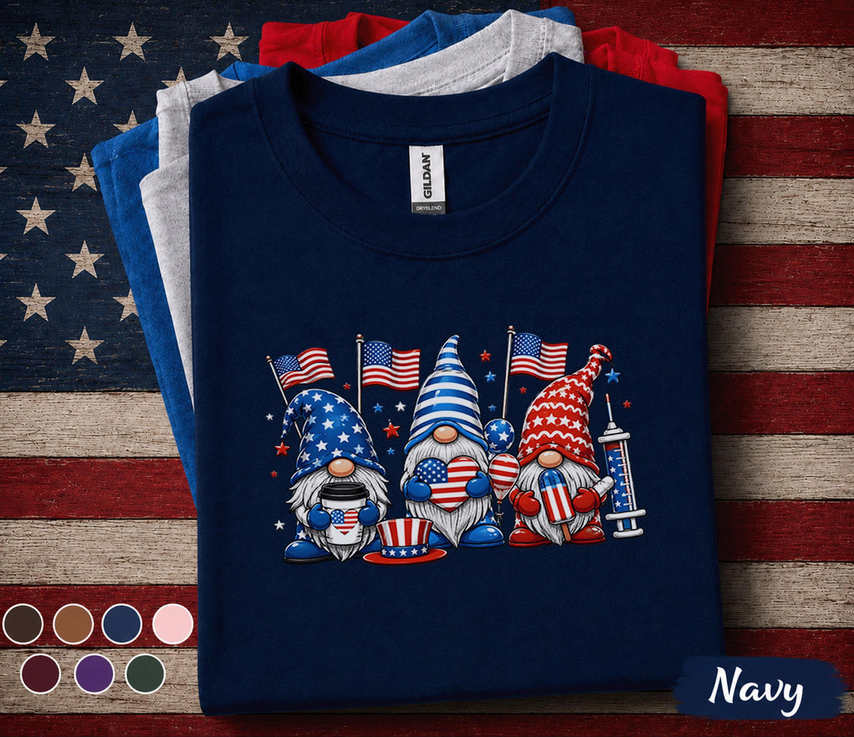 Patriotic Nurse Gnome 4th Of July Shirt, American Flag Healthcare Worker Tee, RN CNA Independence Day Gift, Medical Staff USA Forth of July
