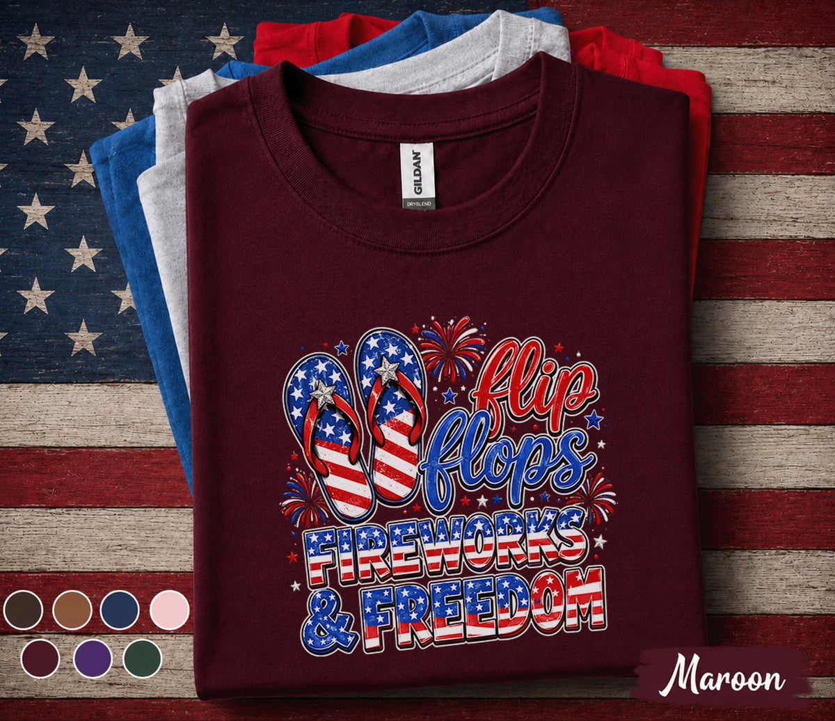 Flip Flops Fireworks Freedom Shirt, Patriotic 4th Of July Tee, American Flag Summer Vacation Top, Independence Day Party Shirt Forth of July
