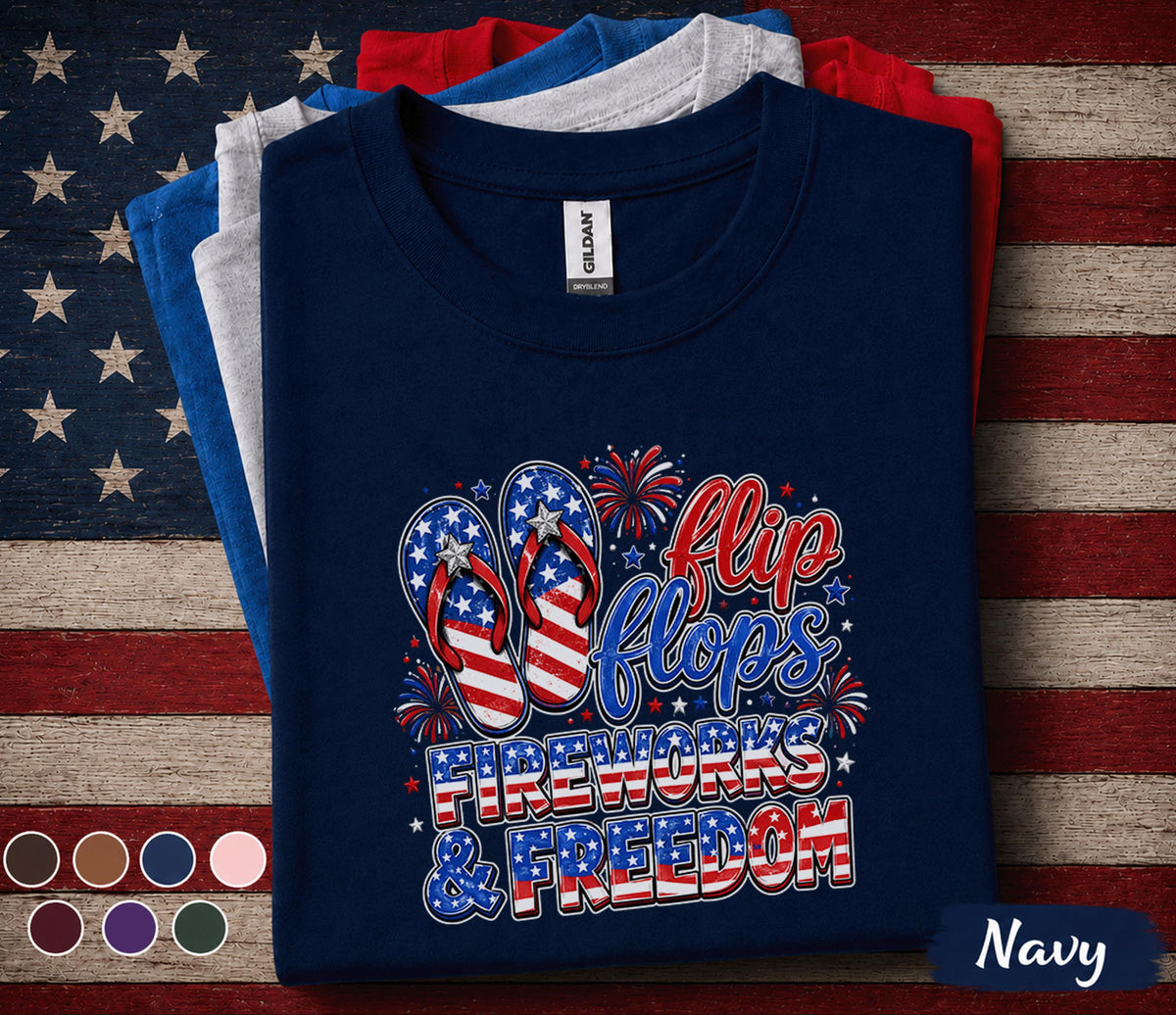 Flip Flops Fireworks Freedom Shirt, Patriotic 4th Of July Tee, American Flag Summer Vacation Top, Independence Day Party Shirt Forth of July