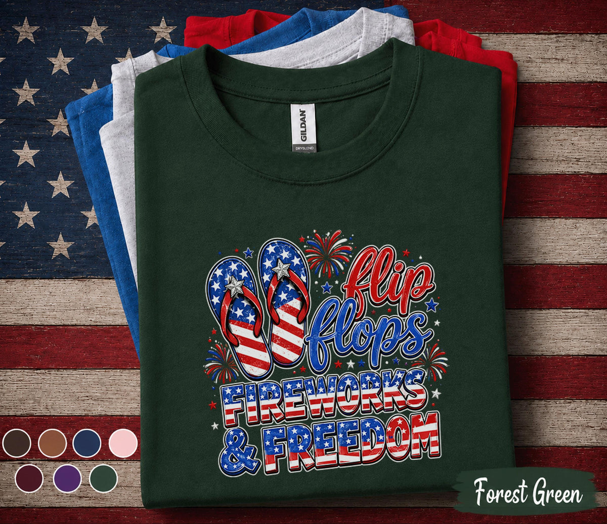 Flip Flops Fireworks Freedom Shirt, Patriotic 4th Of July Tee, American Flag Summer Vacation Top, Independence Day Party Shirt Forth of July