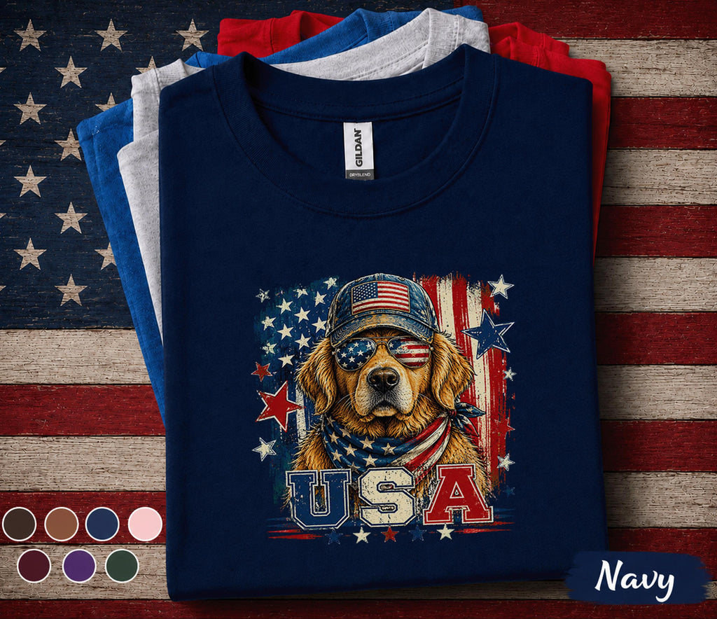 Patriotic Golden Retriever Shirt, USA Dog Lover 4th Of July Tee, American Flag Puppy Shirt, Independence Day Dog Mom Gift Forth of July