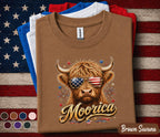 Moorica Highland Cow Shirt Patriotic Cow Tee Funny 4th Of July Shirt American Flag Sunglasses Cow Forth of July Gift USA Farm Animal Tee