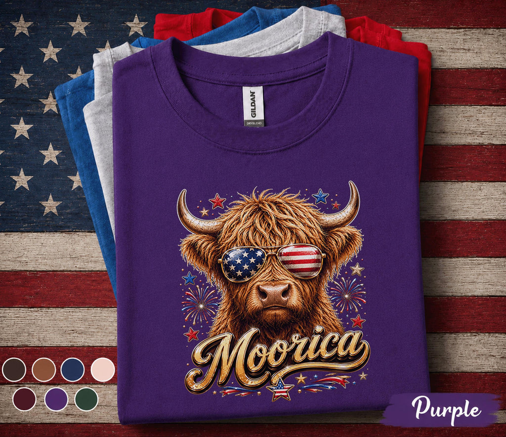 Moorica Highland Cow Shirt Patriotic Cow Tee Funny 4th Of July Shirt American Flag Sunglasses Cow Forth of July Gift USA Farm Animal Tee