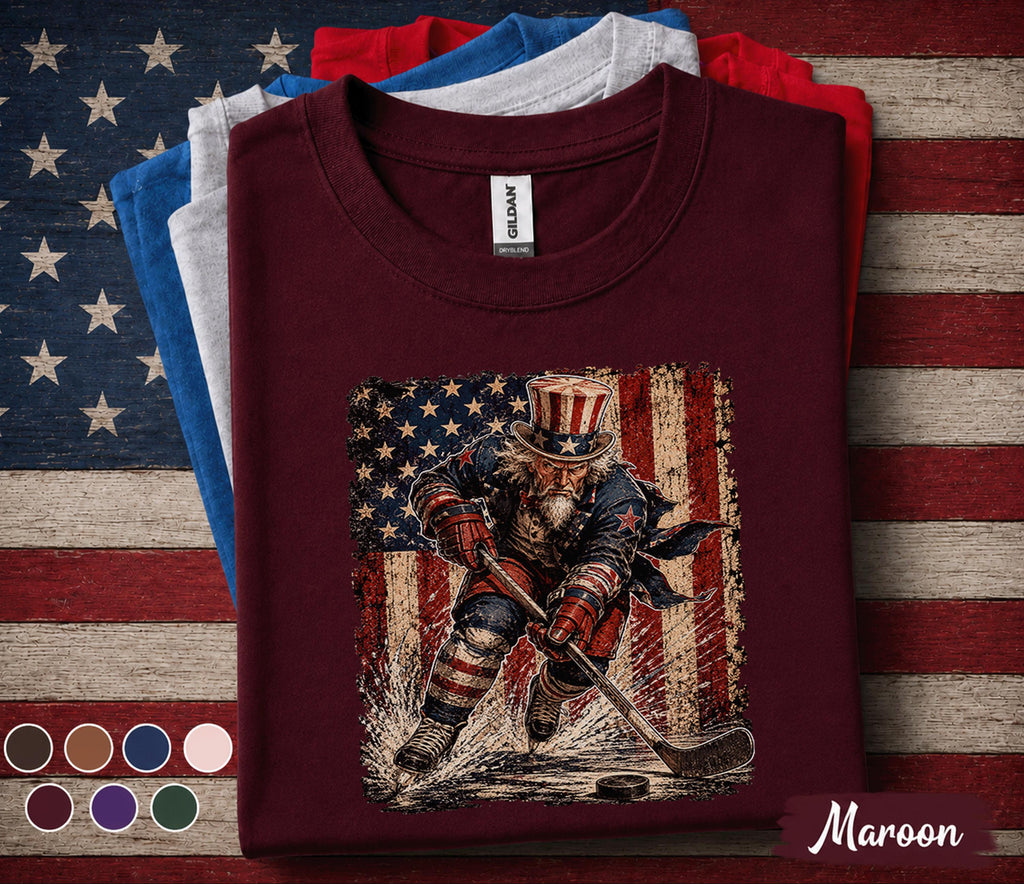 Uncle Sam Hockey Shirt, Patriotic Hockey Player Tee, American Flag Hockey Shirt, 4th Of July Sports Fan Independence Day Gift Forth of July