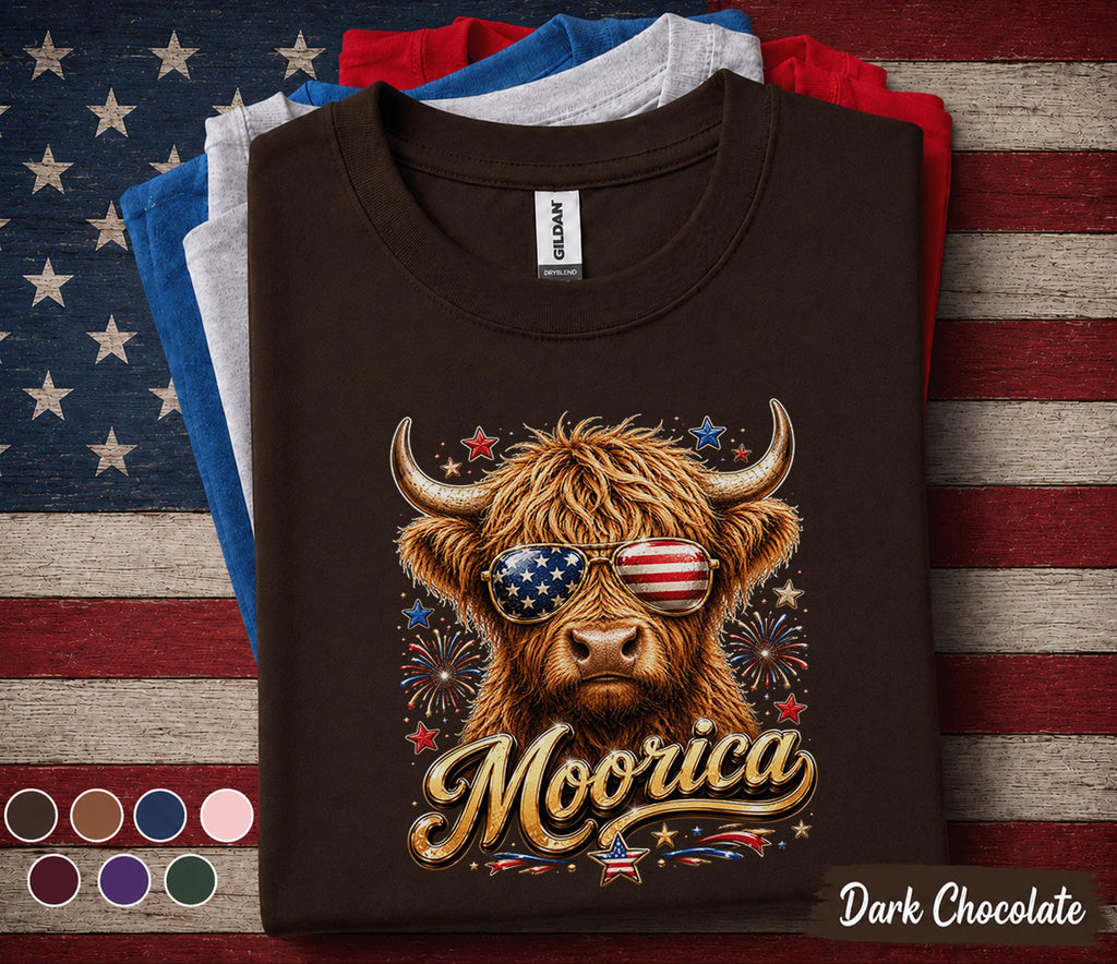 Moorica Highland Cow Shirt Patriotic Cow Tee Funny 4th Of July Shirt American Flag Sunglasses Cow Forth of July Gift USA Farm Animal Tee