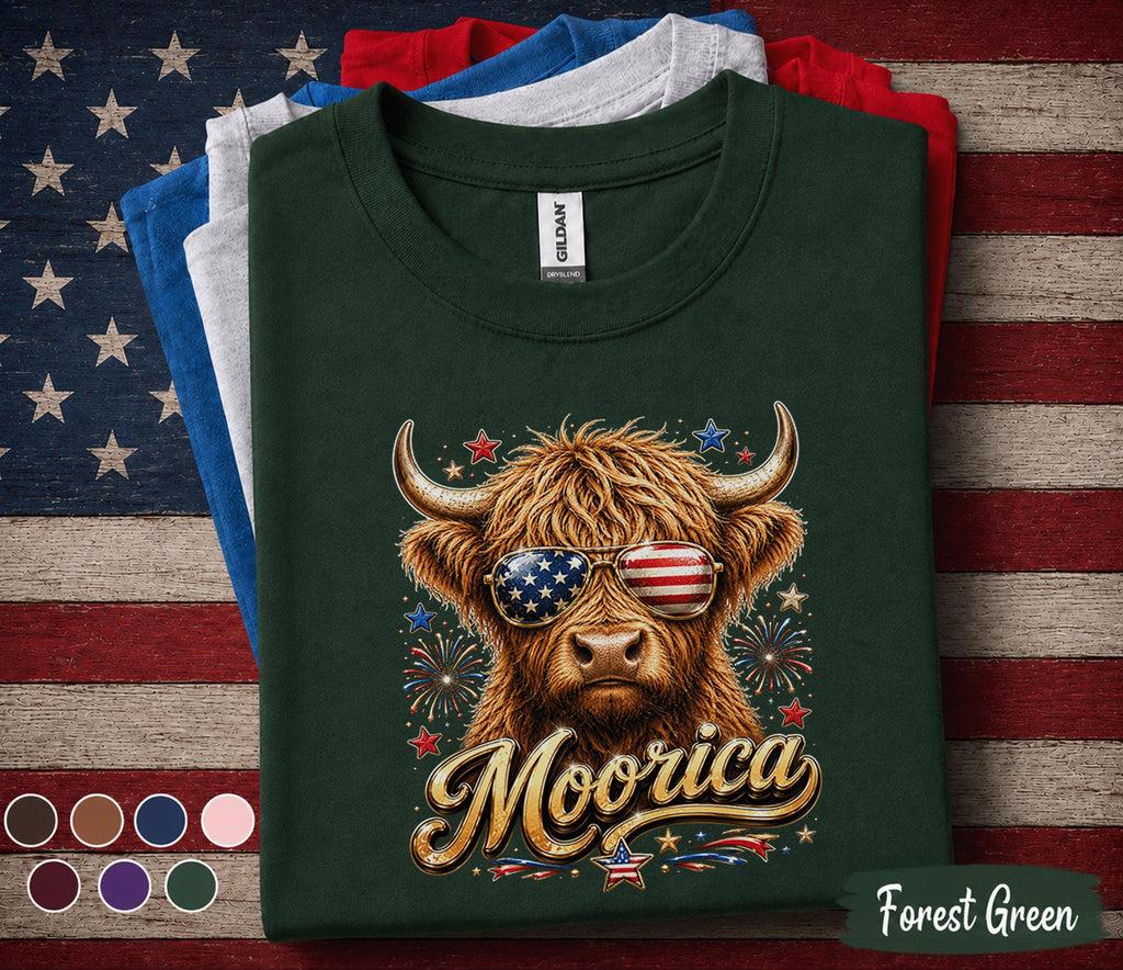 Moorica Highland Cow Shirt Patriotic Cow Tee Funny 4th Of July Shirt American Flag Sunglasses Cow Forth of July Gift USA Farm Animal Tee