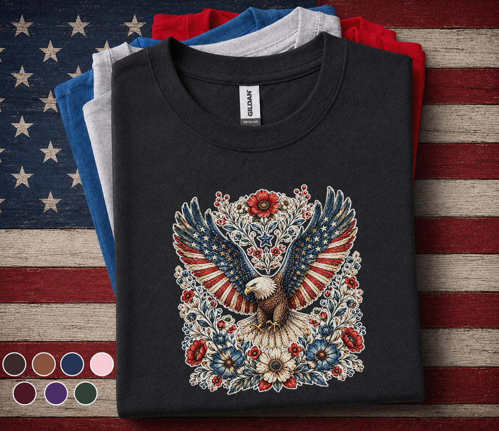 Patriotic Eagle Floral Shirt 4th Of July Eagle Tee American Flag Wings Shirt Independence Day USA Freedom Shirt Patri...
