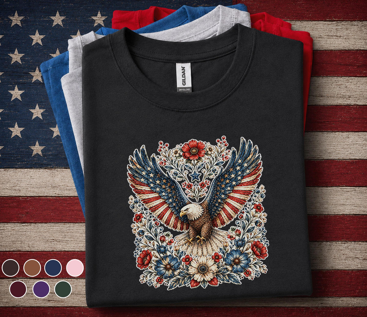 Patriotic Eagle Floral Shirt 4th Of July Eagle Tee American Flag Wings Shirt Independence Day USA Freedom Shirt Patri...