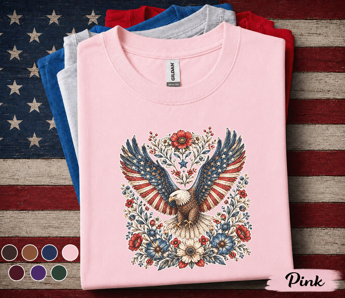 Patriotic Eagle Floral Shirt 4th Of July Eagle Tee American Flag Wings Shirt Independence Day USA Freedom Shirt Patriotic Gift Forth of July