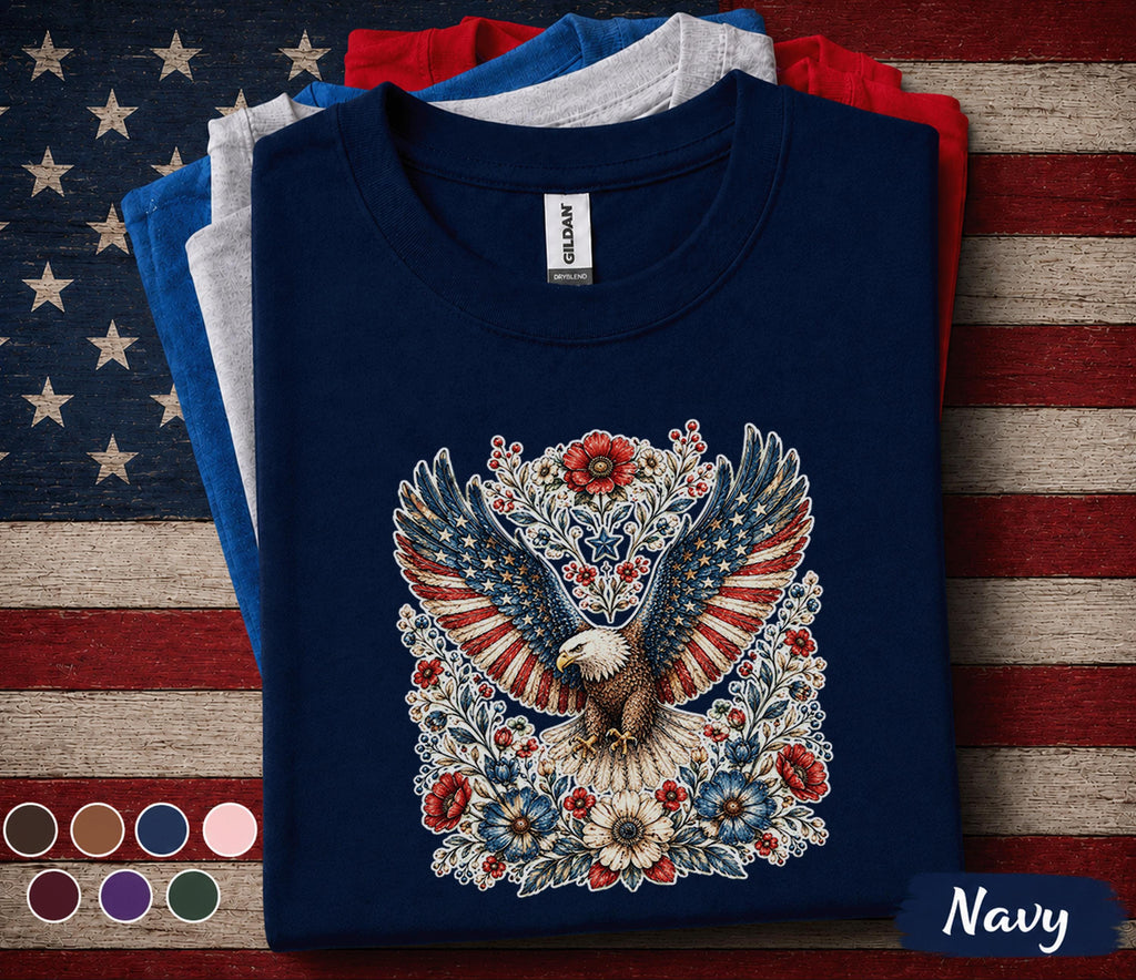 Patriotic Eagle Floral Shirt 4th Of July Eagle Tee American Flag Wings Shirt Independence Day USA Freedom Shirt Patriotic Gift Forth of July
