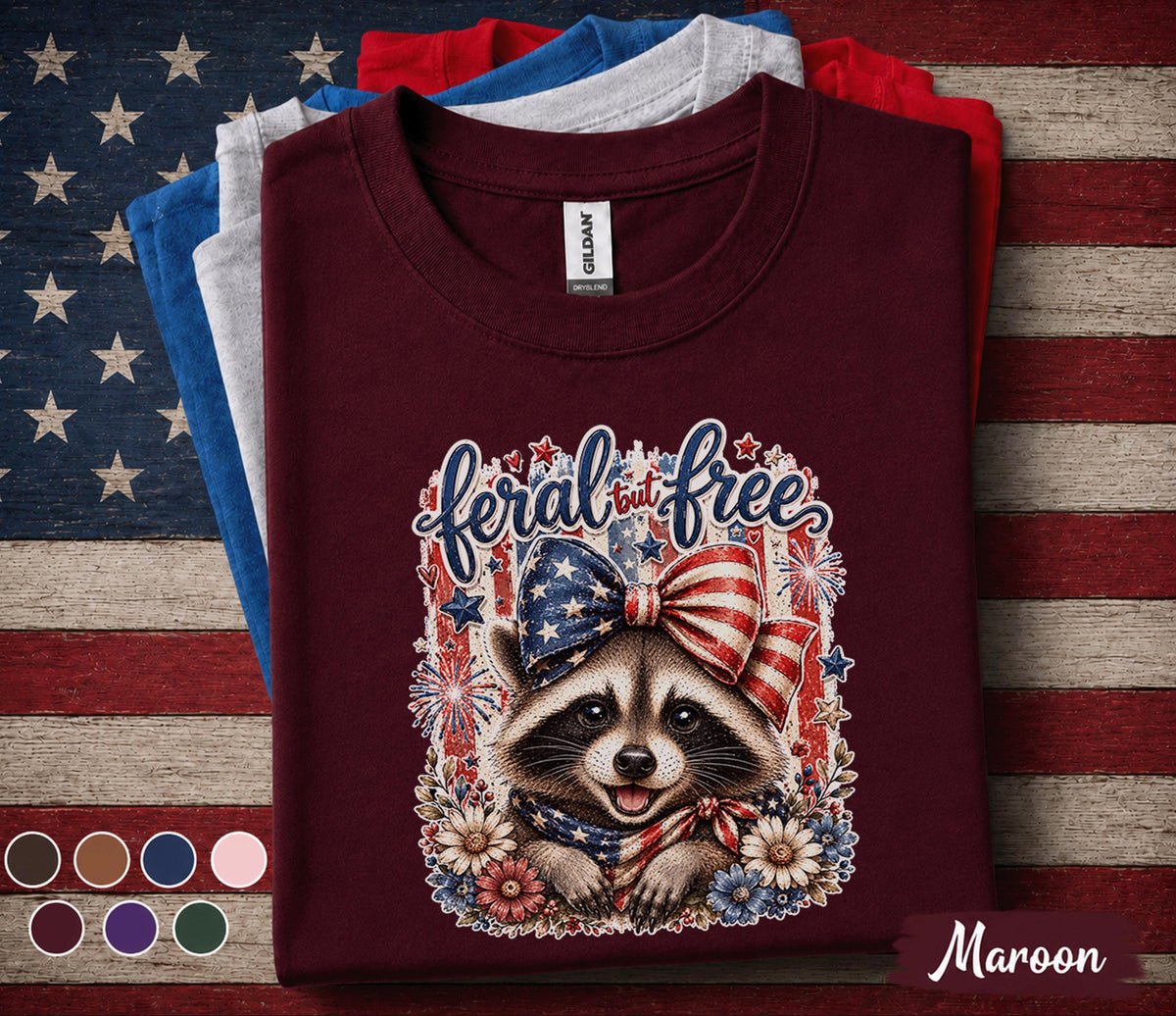 Feral But Free Raccoon Shirt Patriotic Raccoon Tee 4th Of July Animal Shirt American Bow Independence Day USA Freedom Gift Forth of July