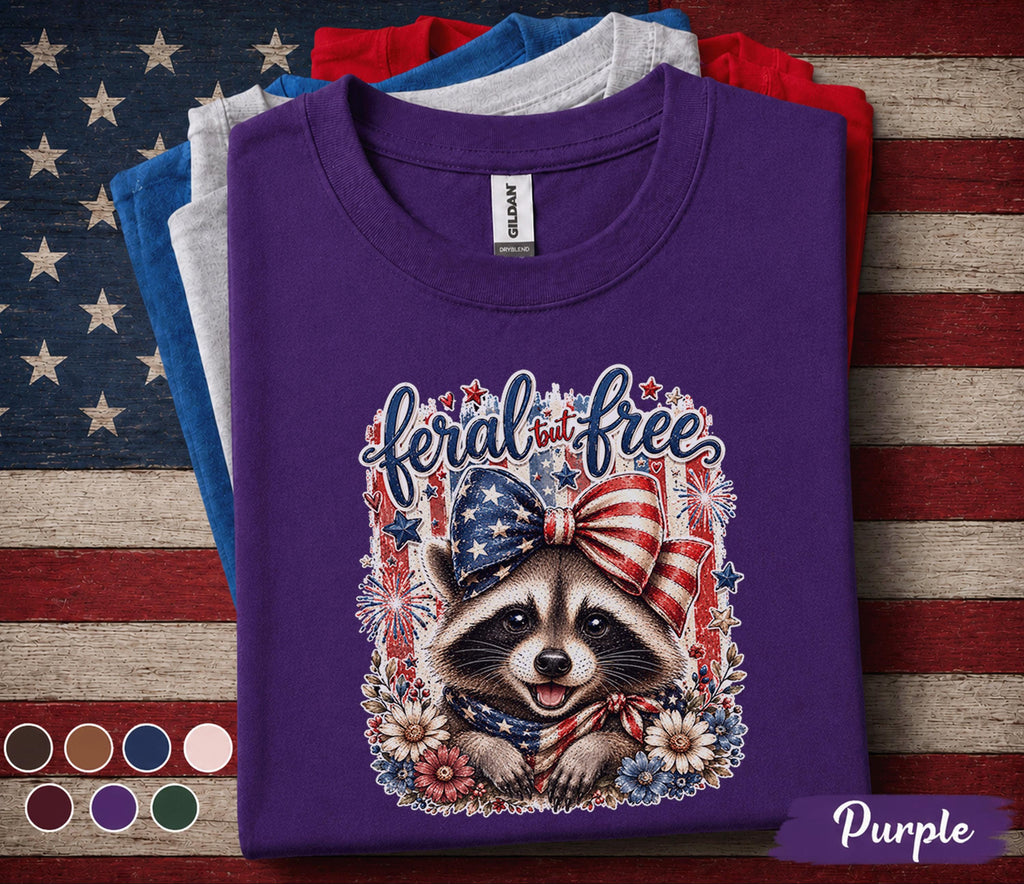Feral But Free Raccoon Shirt Patriotic Raccoon Tee 4th Of July Animal Shirt American Bow Independence Day USA Freedom Gift Forth of July