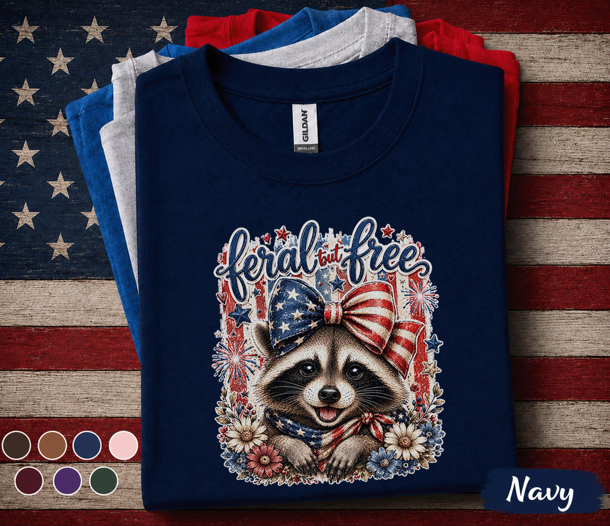 Feral But Free Raccoon Shirt Patriotic Raccoon Tee 4th Of July Animal Shirt American Bow Independence Day USA Freedom Gift Forth of July