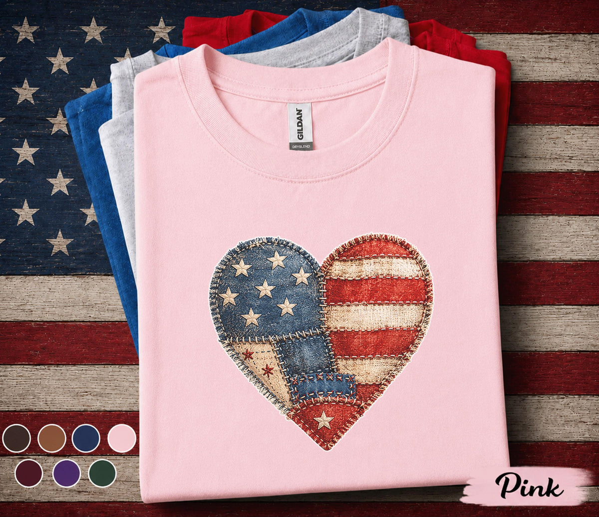Patriotic Patchwork Heart Shirt Vintage American Flag Heart Tee 4th of July Shirt USA Independence Day Shirt Americana Gift Forth of July