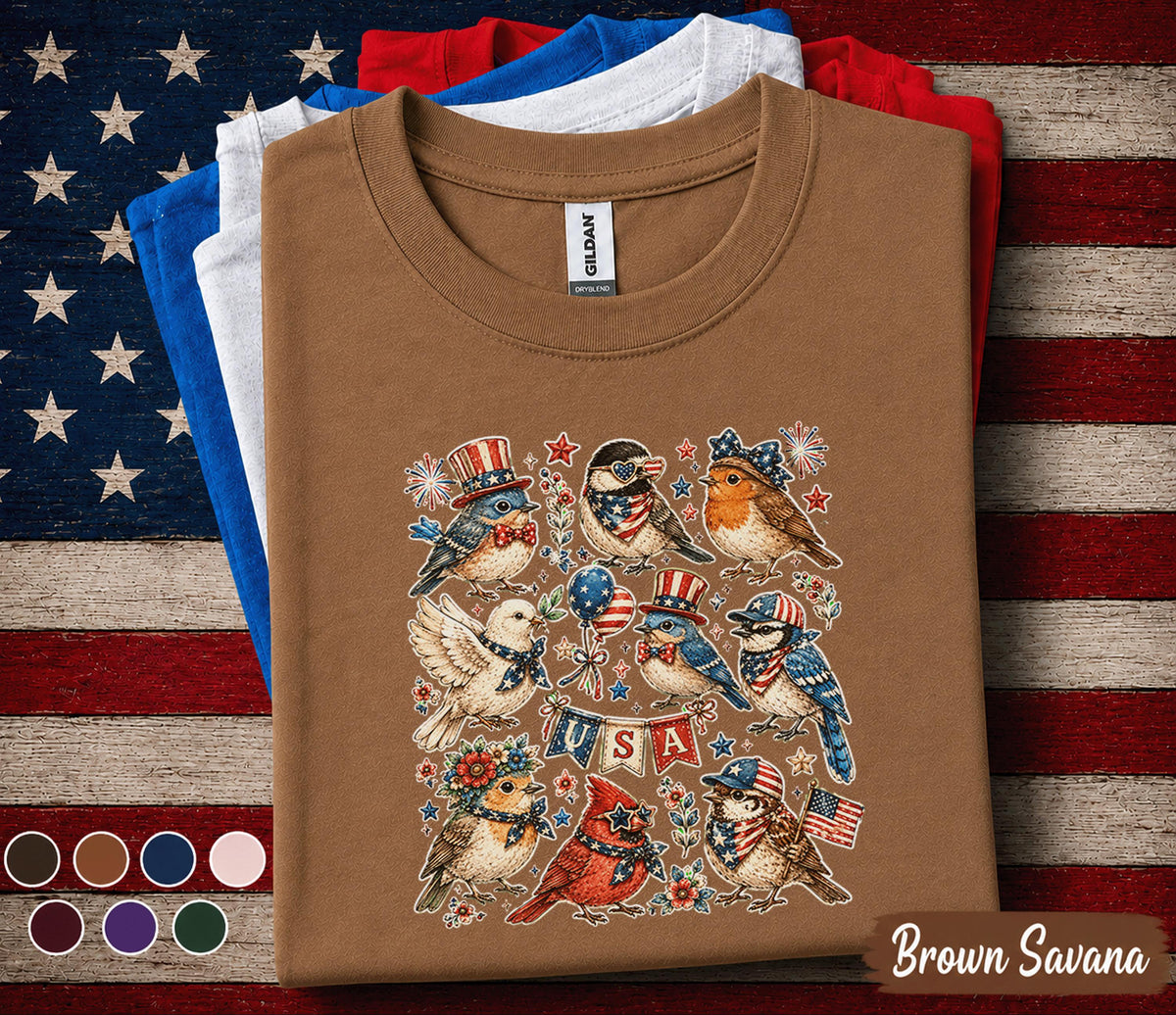 Patriotic Birds Shirt USA Bird Lover Tee American Flag Songbirds 4th of July Shirt Independence Day Gift Americana Bird Tee Forth of July