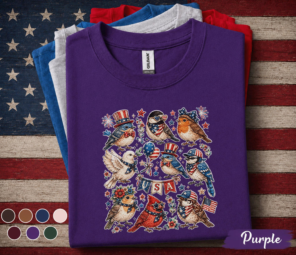 Patriotic Birds Shirt USA Bird Lover Tee American Flag Songbirds 4th of July Shirt Independence Day Gift Americana Bird Tee Forth of July